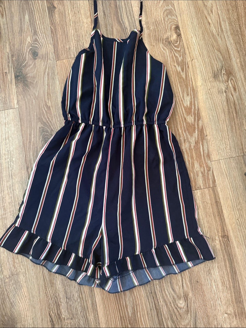 Navy Striped Ruffle-Hem Romper